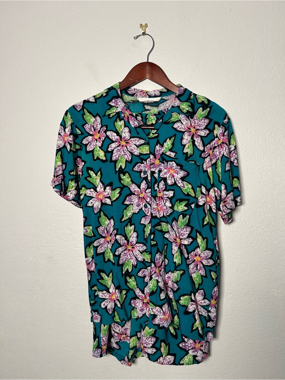 Vintage two piece set Teal Floral Short Sleeve button down & Skirt Medium